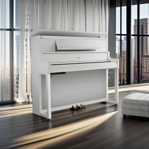 Roland LX-9 Digital Piano with Bench - Polished White in a stylish apartment