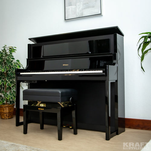Roland LX708 Digital Piano - Polished Ebony - left facing with top open
