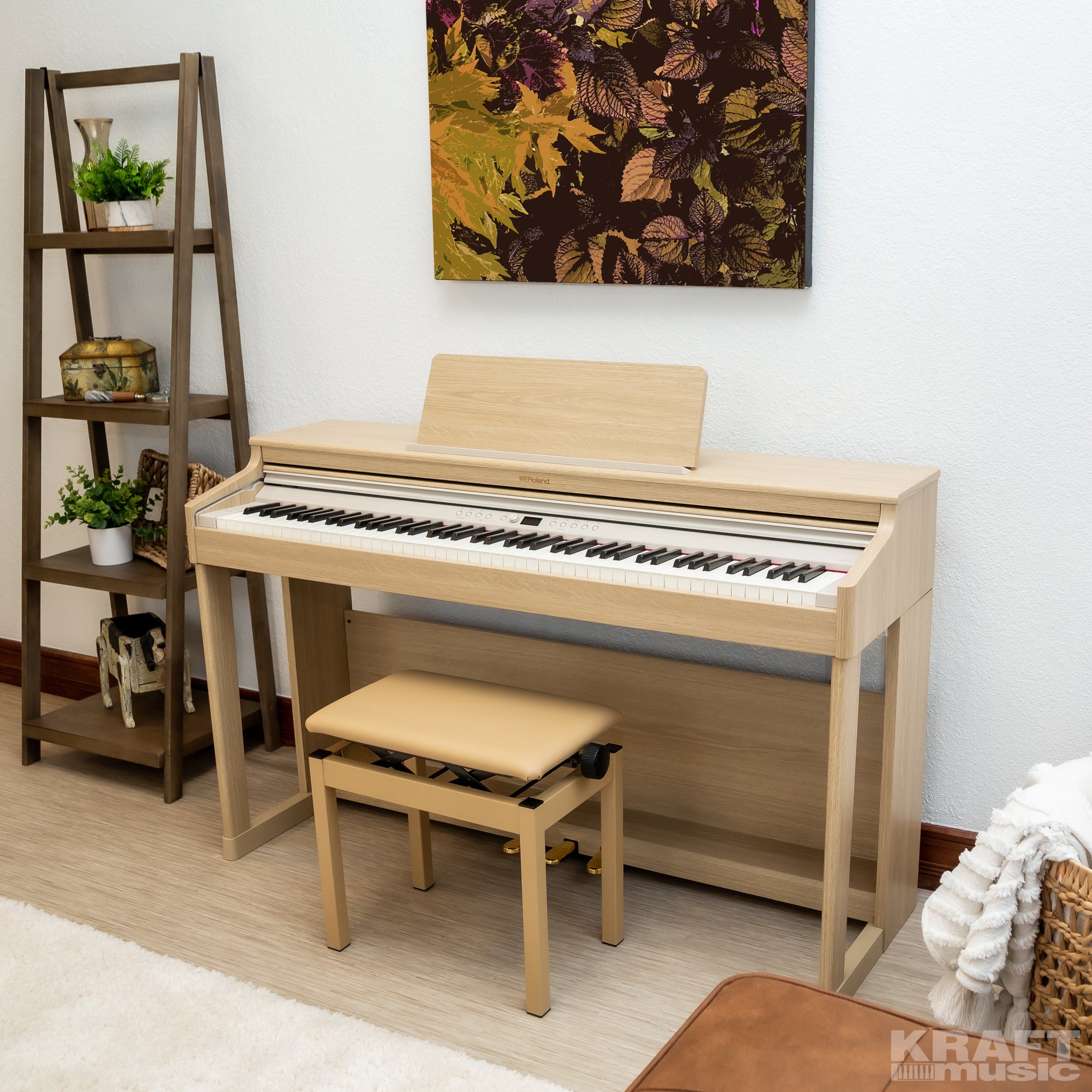 Roland RP701 Digital Piano - Light Oak - left facing in a stylish living room