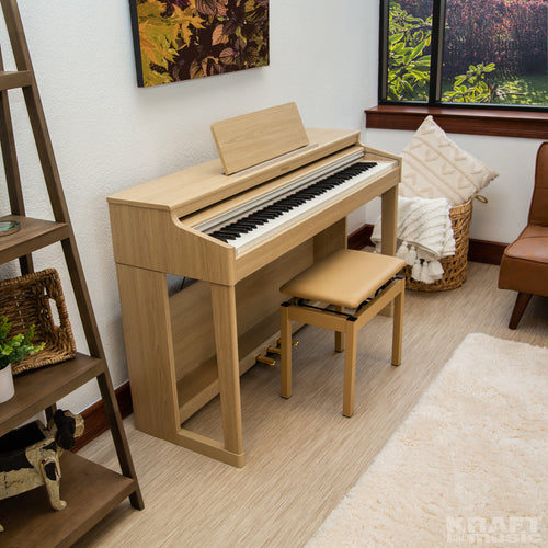 Roland RP701 Digital Piano - Light Oak - right facing in a stylish living room