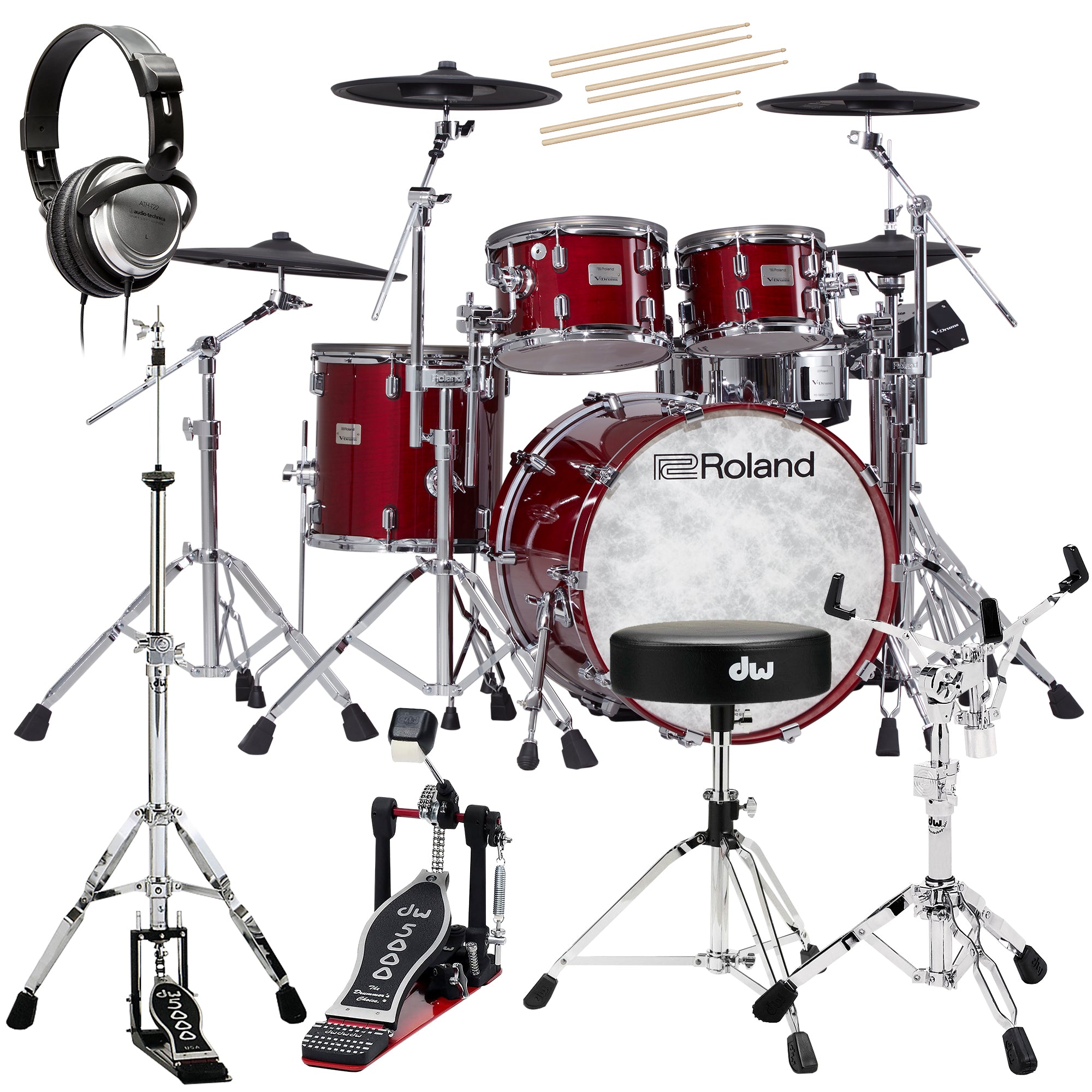 Collage of the Roland VAD706 V-Drums Acoustic Design 5pc Kit - Cherry DRUM ESSENTIALS BUNDLE