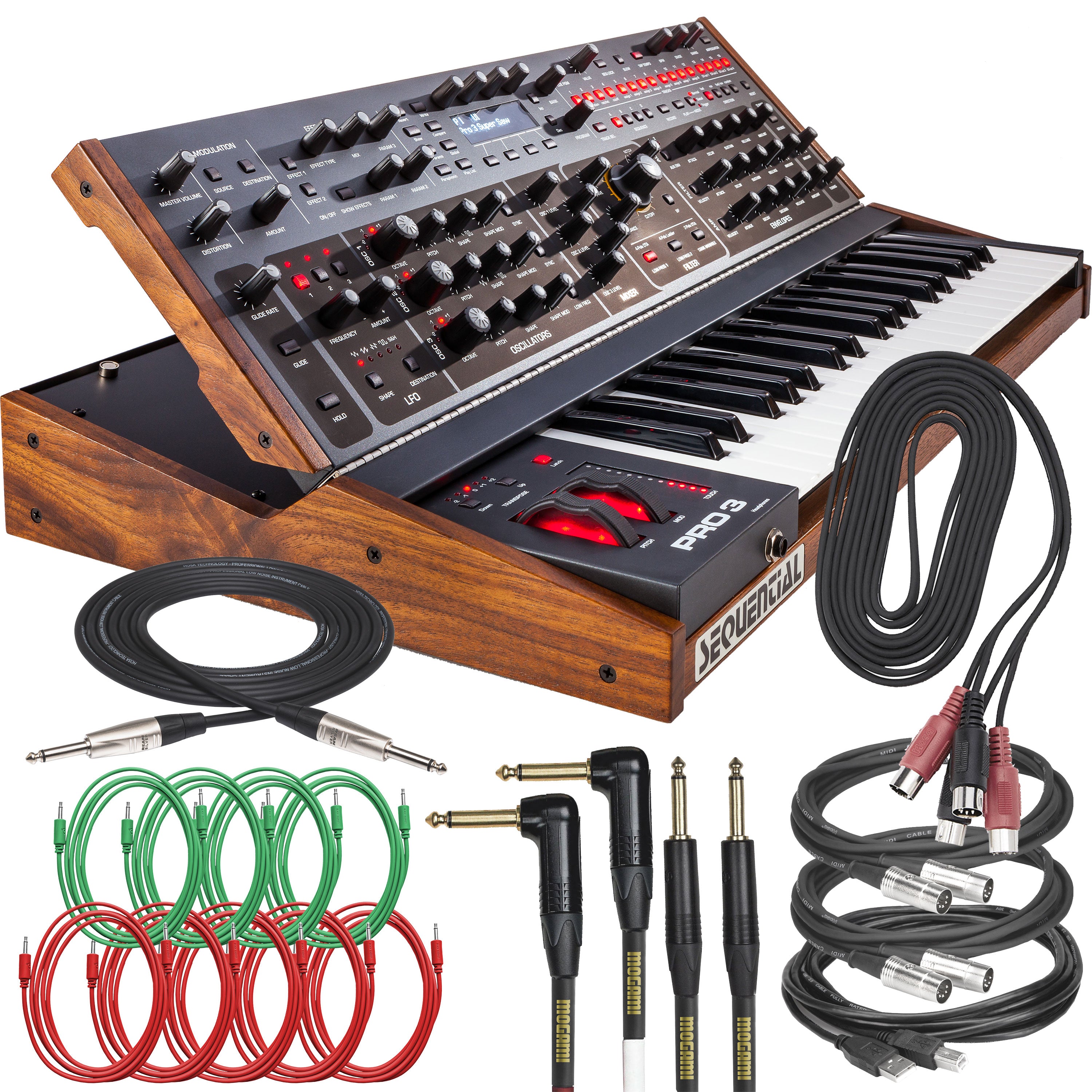 Collage of everything included in the Sequential Pro 3 SE Mono/Paraphonic Synthesizer Keyboard CABLE KIT