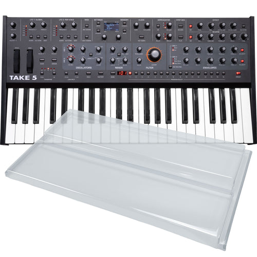 Collage showing components in Sequential Take 5 Compact 5-Voice Polyphonic Synthesizer DECKSAVER KIT