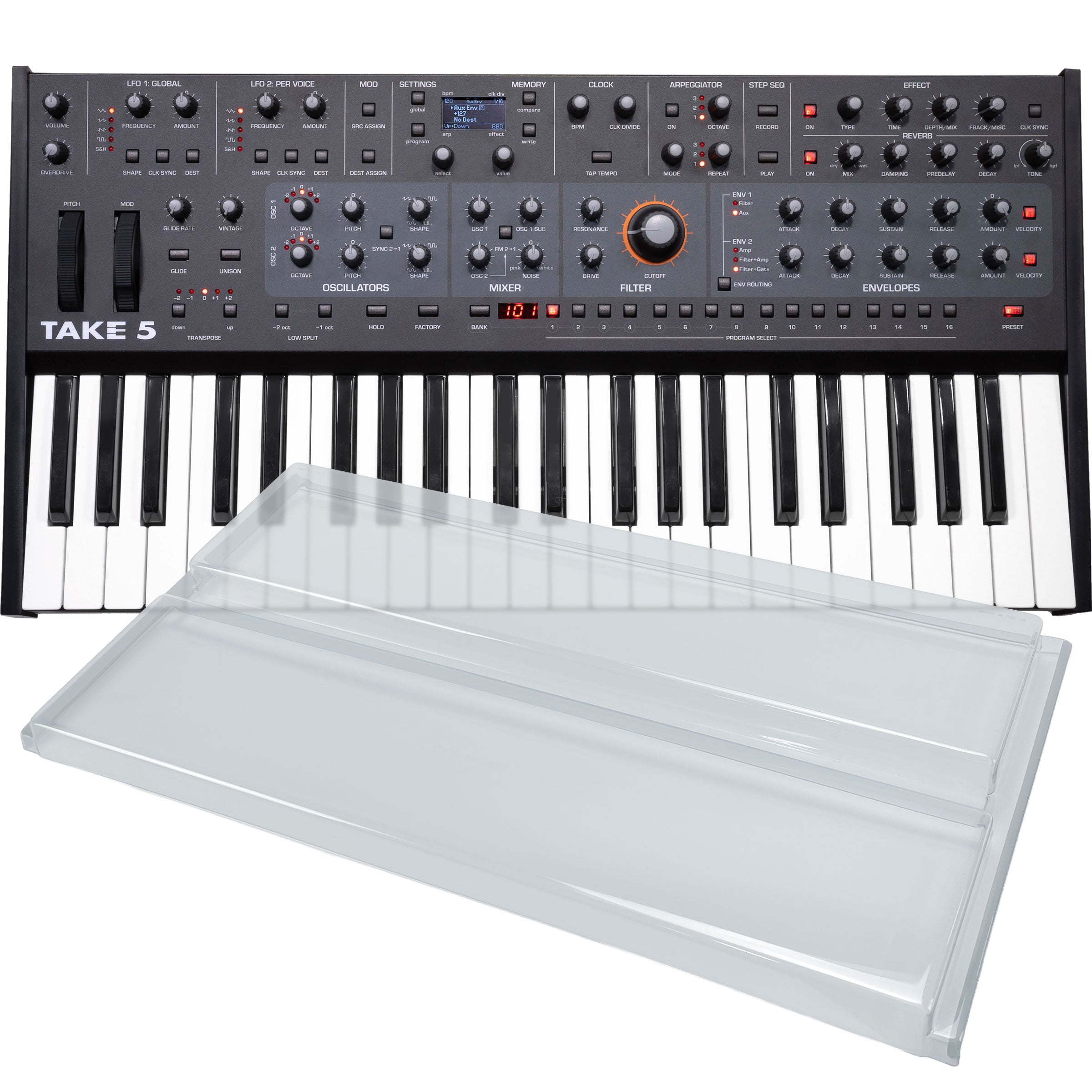 Collage showing components in Sequential Take 5 Compact 5-Voice Polyphonic Synthesizer DECKSAVER KIT