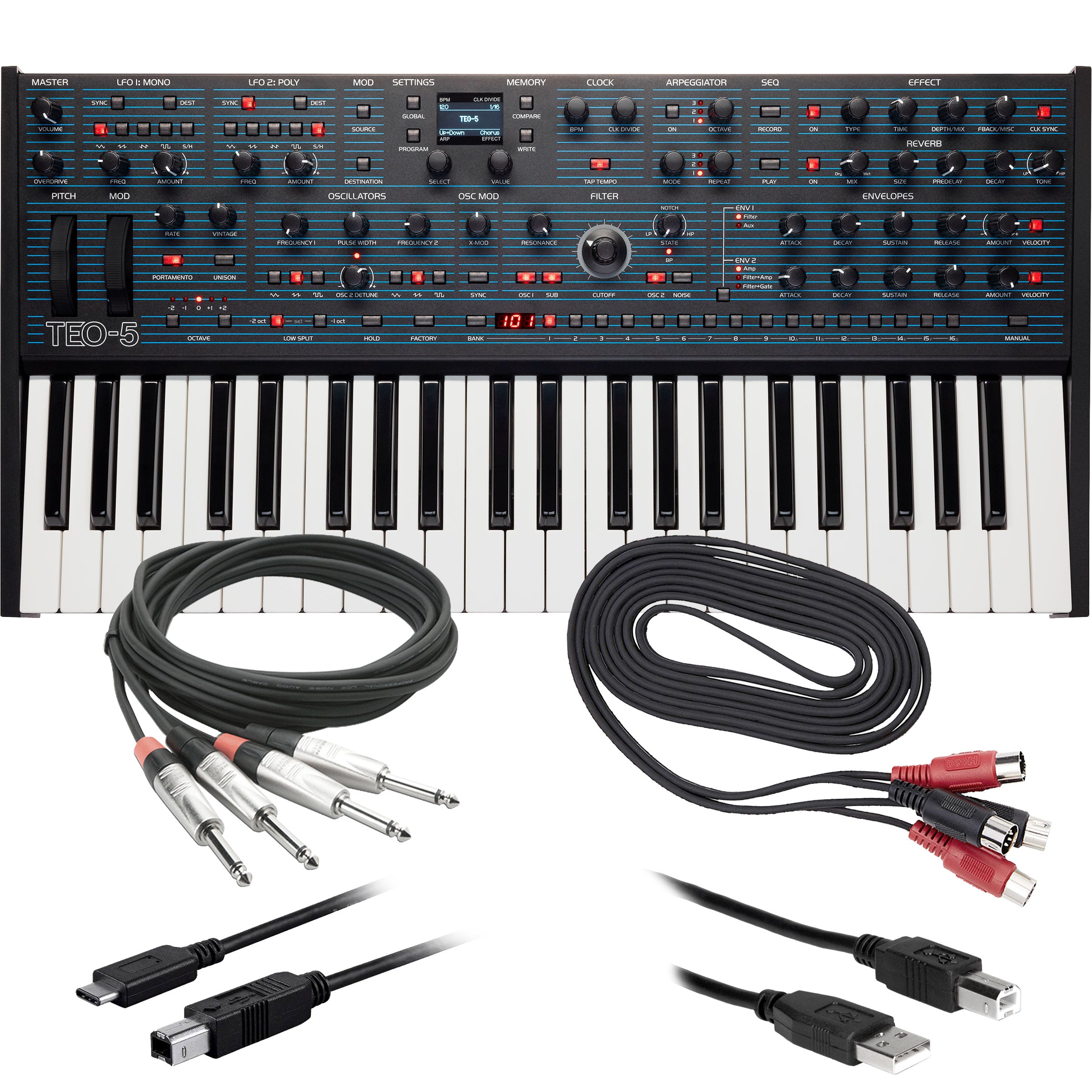 Collage showing components in Oberheim TEO-5 Compact 5-Voice Polyphonic Synthesizer CABLE KIT