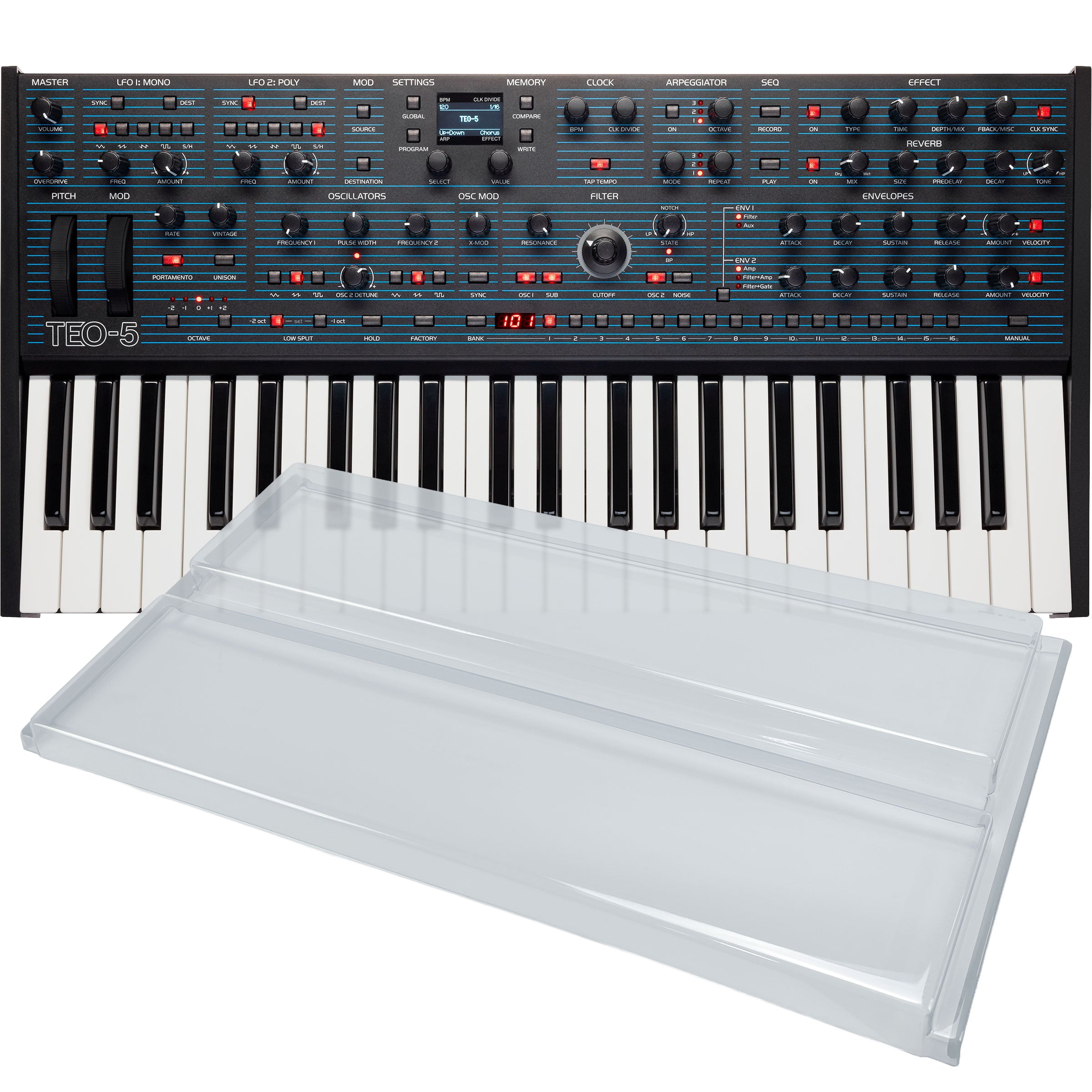 Collage showing components in Oberheim TEO-5 Compact 5-Voice Polyphonic Synthesizer DECKSAVER KIT