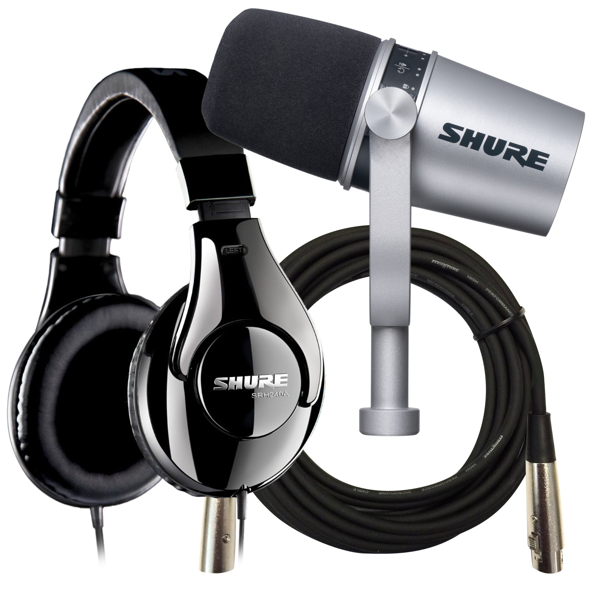 Bundle image collage of Shure MV7 Podcast Microphone - Silver BONUS PAK bundle
