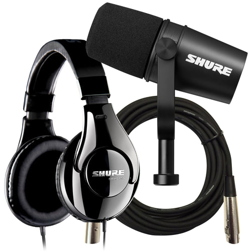 Collage showing components in the Shure MV7X Podcast Microphone BONUS PAK bundle