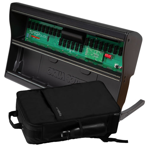 Collage showing components in Tiptop Audio Mantis Eurorack Modular Synthesizer Case - Black CARRY BAG KIT