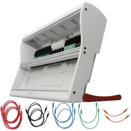Collage showing components in Tiptop Audio Mantis Eurorack Modular Synthesizer Case - Red CABLE KIT