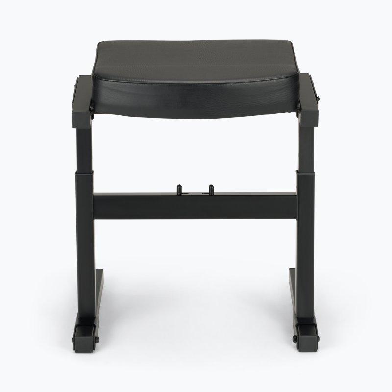 Front view of the On-Stage KB9000 keyboard bench showing the contoured padded seat and height-adjustment pins