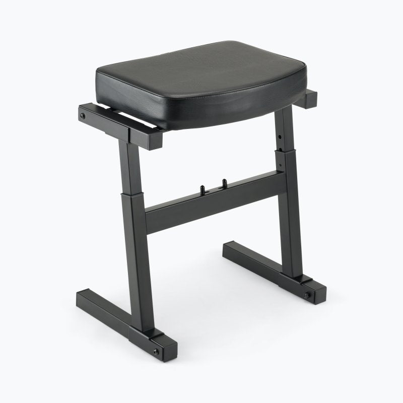 On-Stage KB9000 keyboard bench three-quarter view highlighting the adjustable legs and cross brace