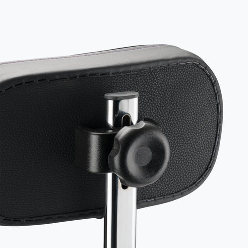 Close-up of the drum throne back rest mounting bracket with adjustable star knob clamp