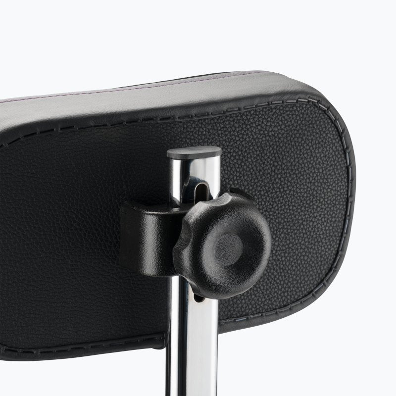 Close-up of the drum throne back rest mounting bracket with adjustable star knob clamp