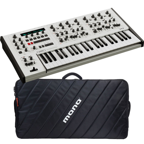 Collage showing components in UDO Audio DMNO 8-Voice Polyphonic Keyboard Synthesizer - White CARRY BAG KIT