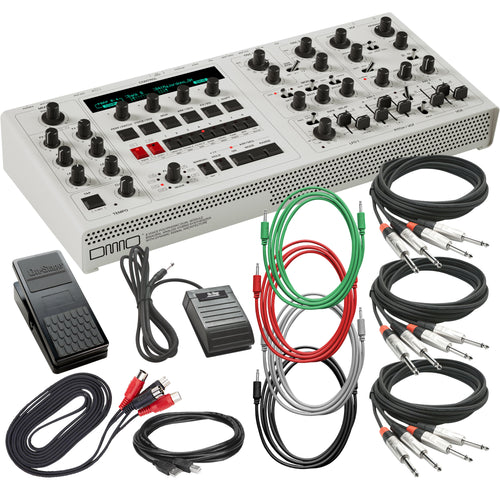 Collage showing components in UDO Audio DMNO ON 8-Voice Polyphonic Desktop Synthesizer - White CABLE KIT
