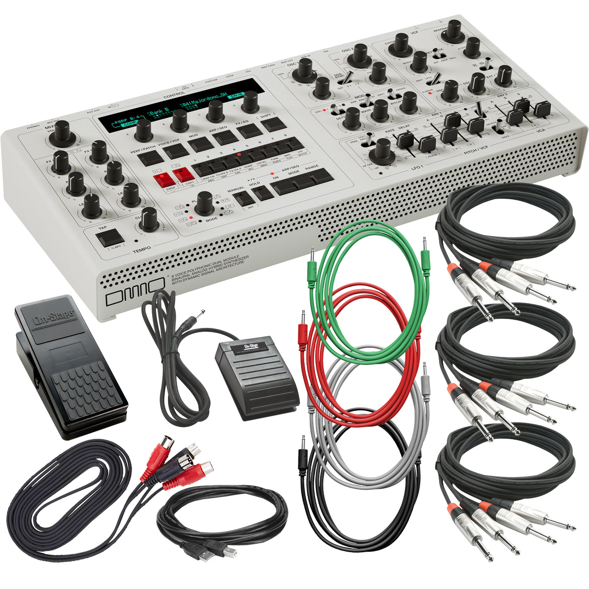 Collage showing components in UDO Audio DMNO ON 8-Voice Polyphonic Desktop Synthesizer - White CABLE KIT