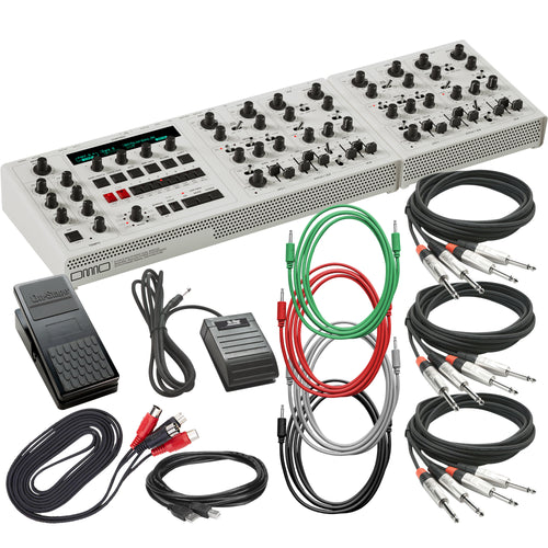 Collage showing components in UDO Audio DMNO ON Desktop Synthesizer with ONM-1 Synth Control Module CABLE KIT