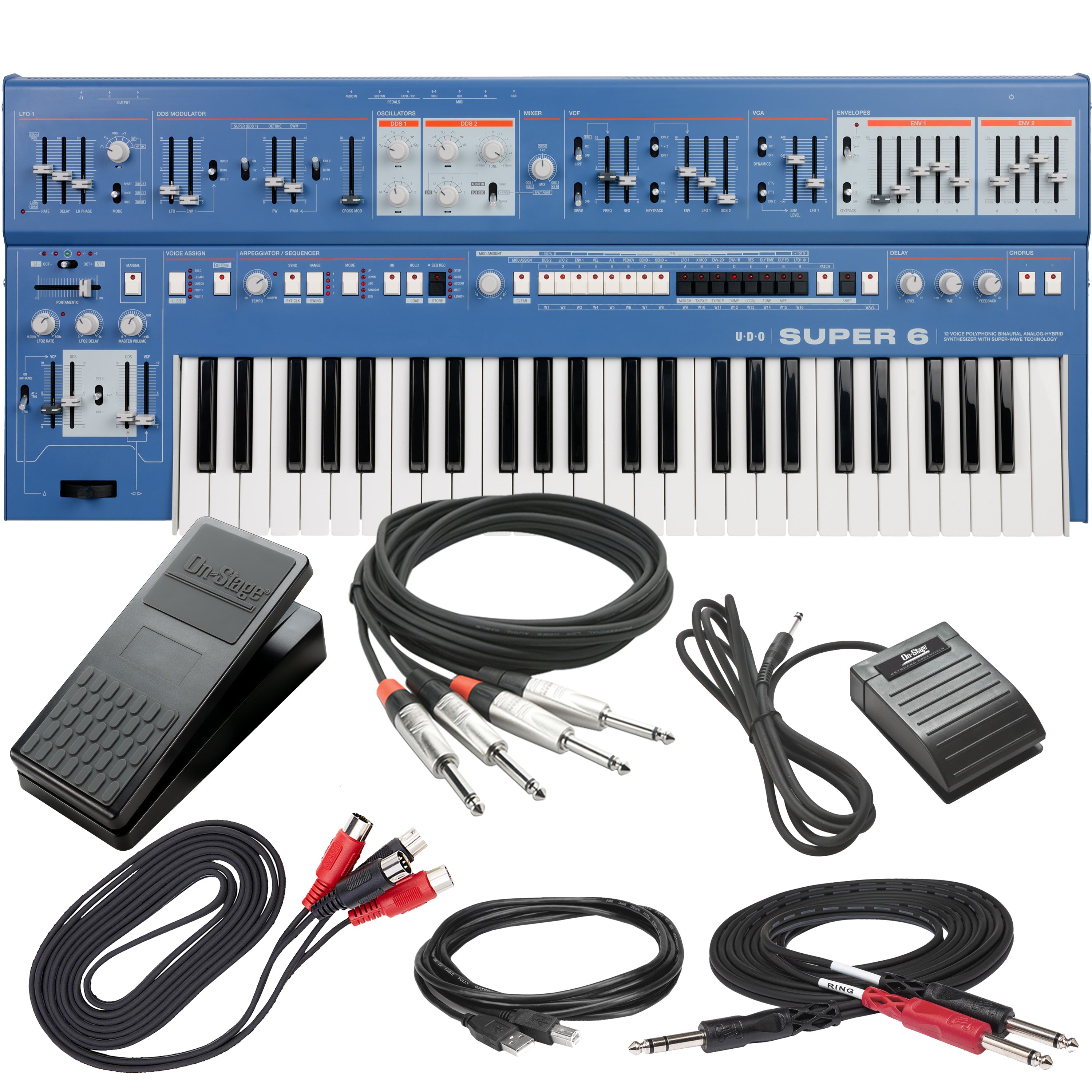UDO Audio Super 6 12-Voice Polyphonic Keyboard Synthesizer - Blue CABLE KIT