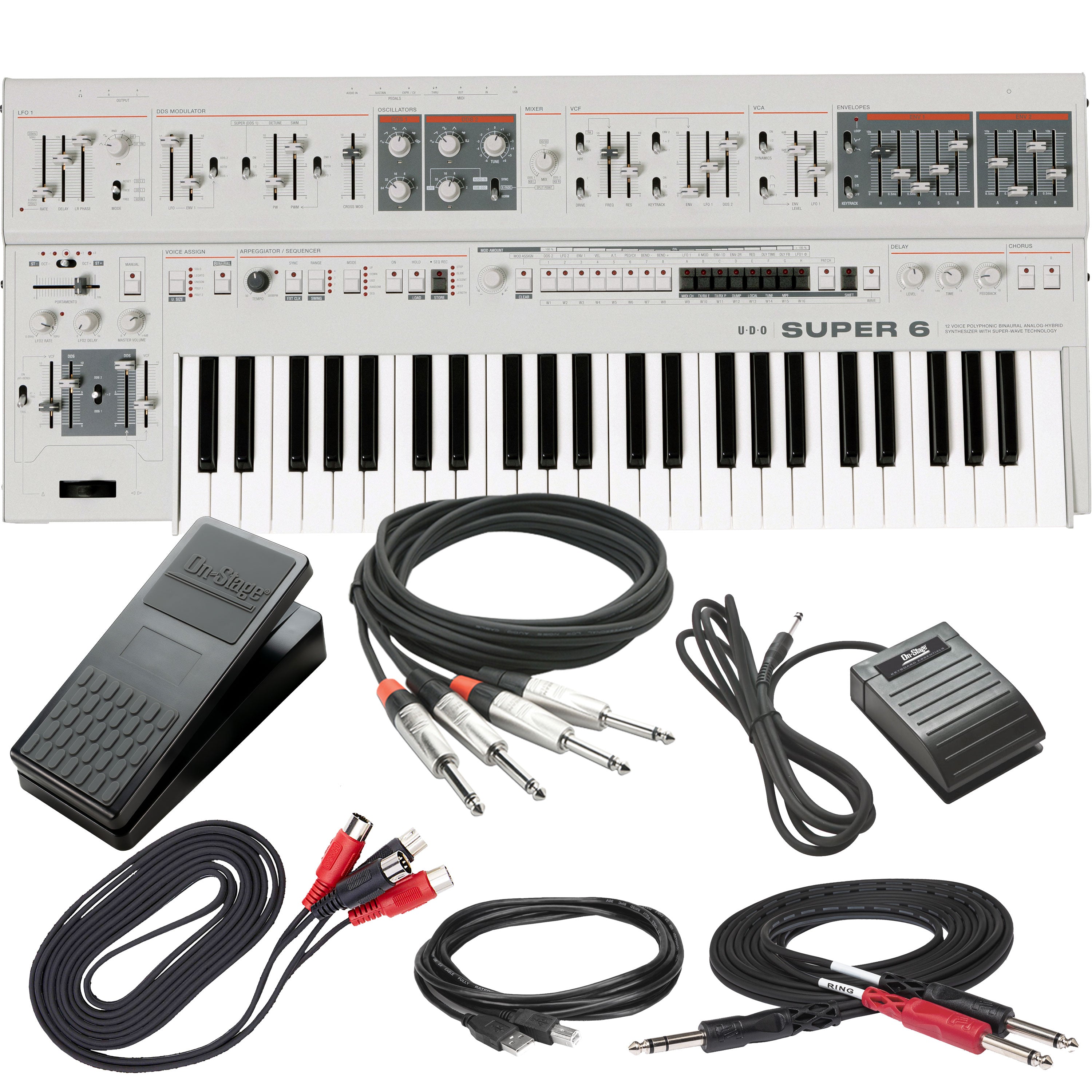 Collage showing components in UDO Audio Super 6 12-Voice Polyphonic Keyboard Synthesizer - White CABLE KIT