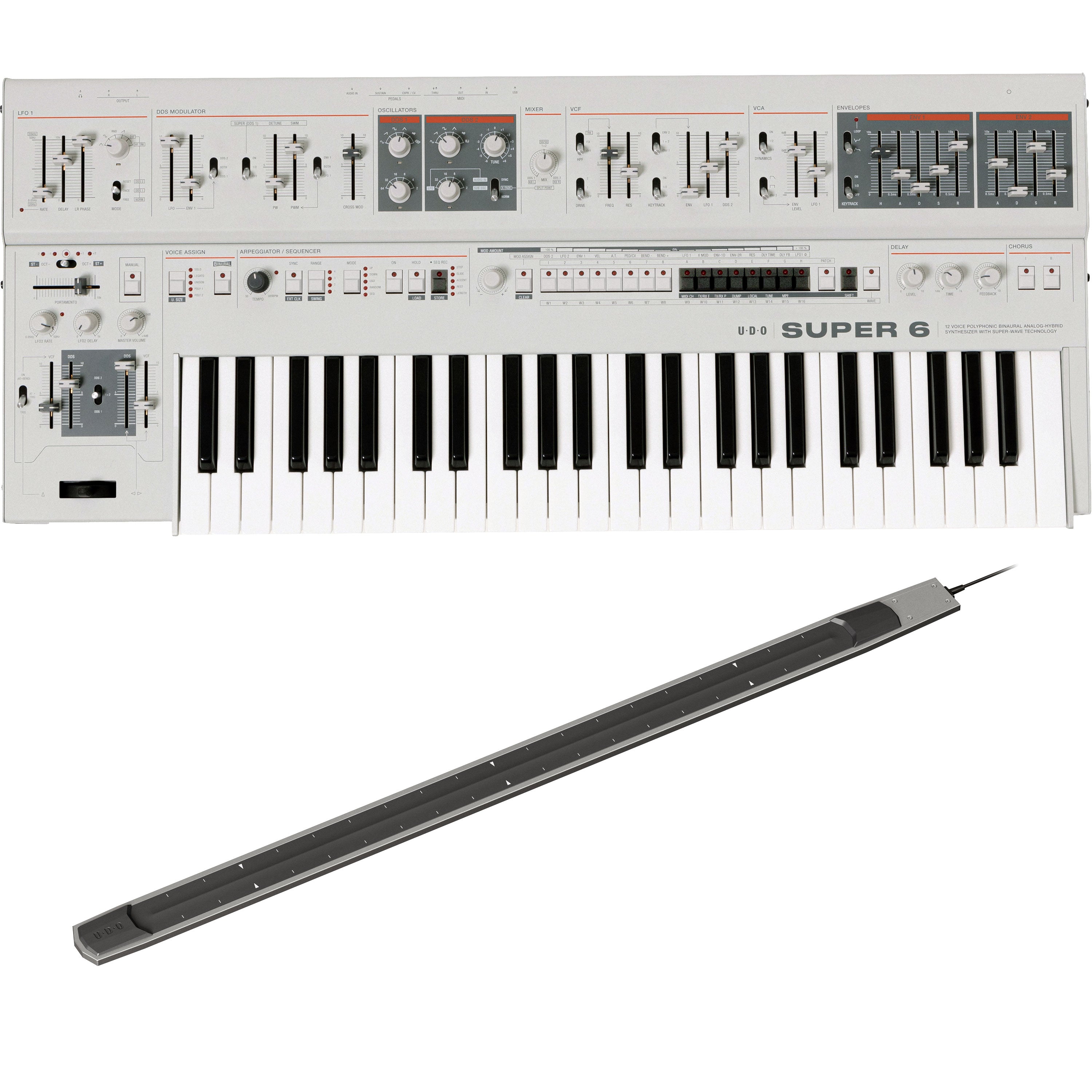 Collage showing components in UDO Audio Super 6 12-Voice Polyphonic Keyboard Synthesizer - White RIBBON KIT