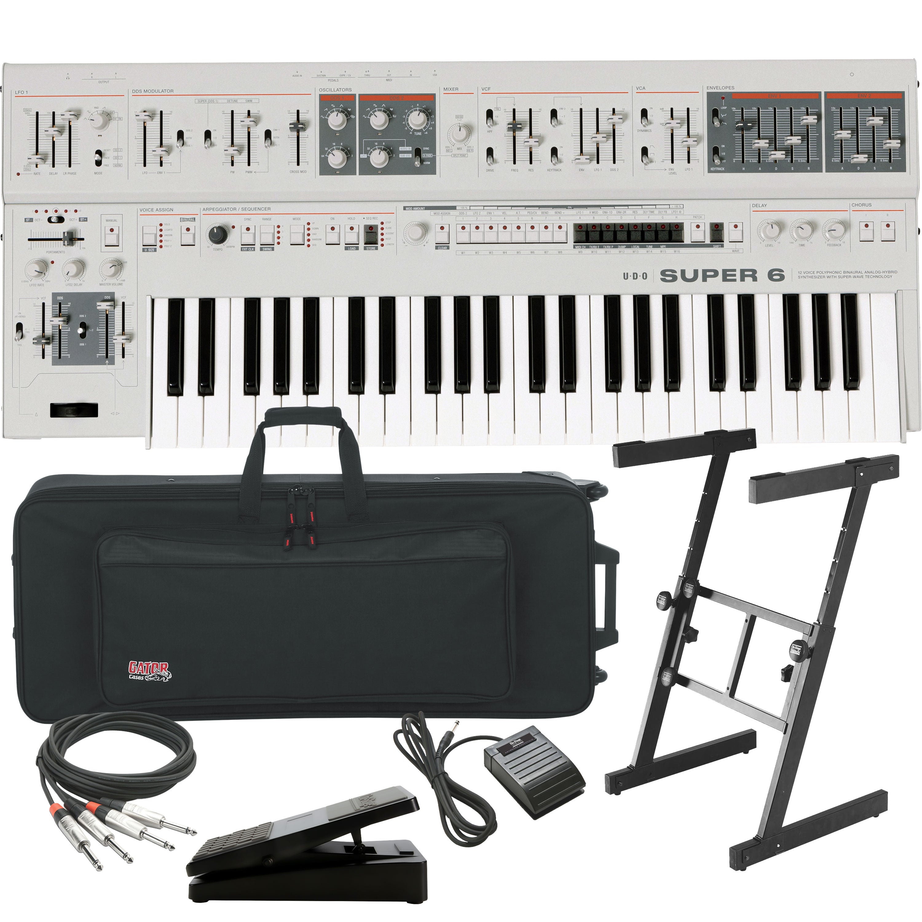 Collage showing components in UDO Audio Super 6 12-Voice Polyphonic Keyboard Synthesizer - White STAGE RIG