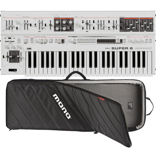 Collage showing components in UDO Audio Super 6 ST49 12-Voice Keyboard Synthesizer - White CARRY BAG KIT