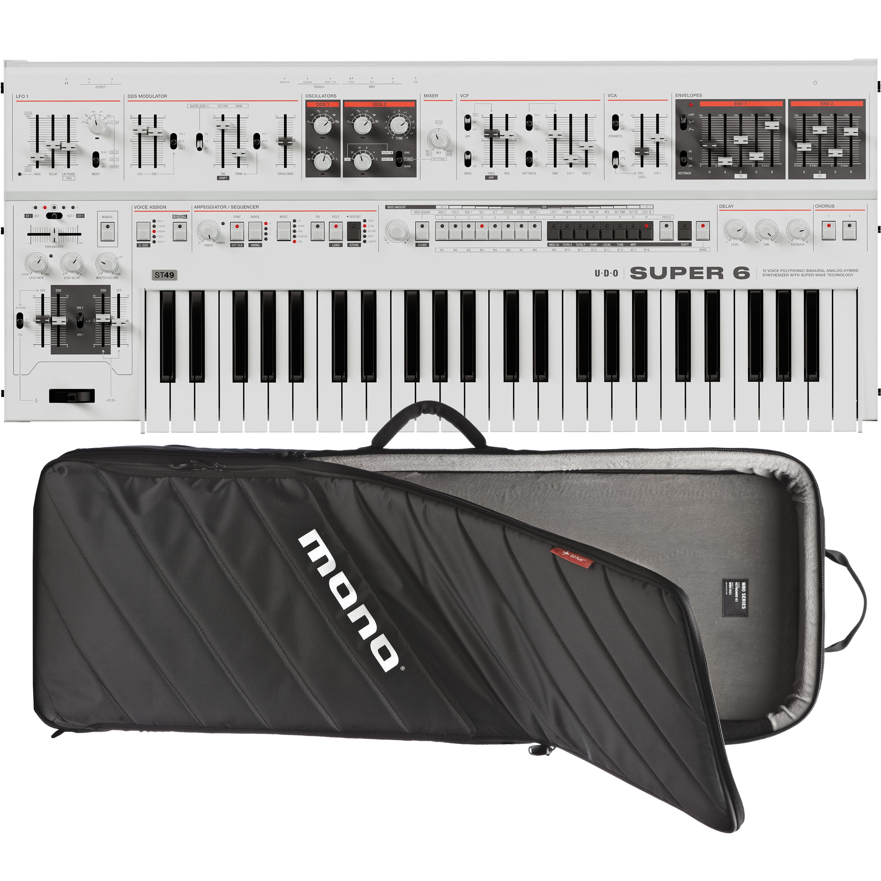 Collage showing components in UDO Audio Super 6 ST49 12-Voice Keyboard Synthesizer - White CARRY BAG KIT