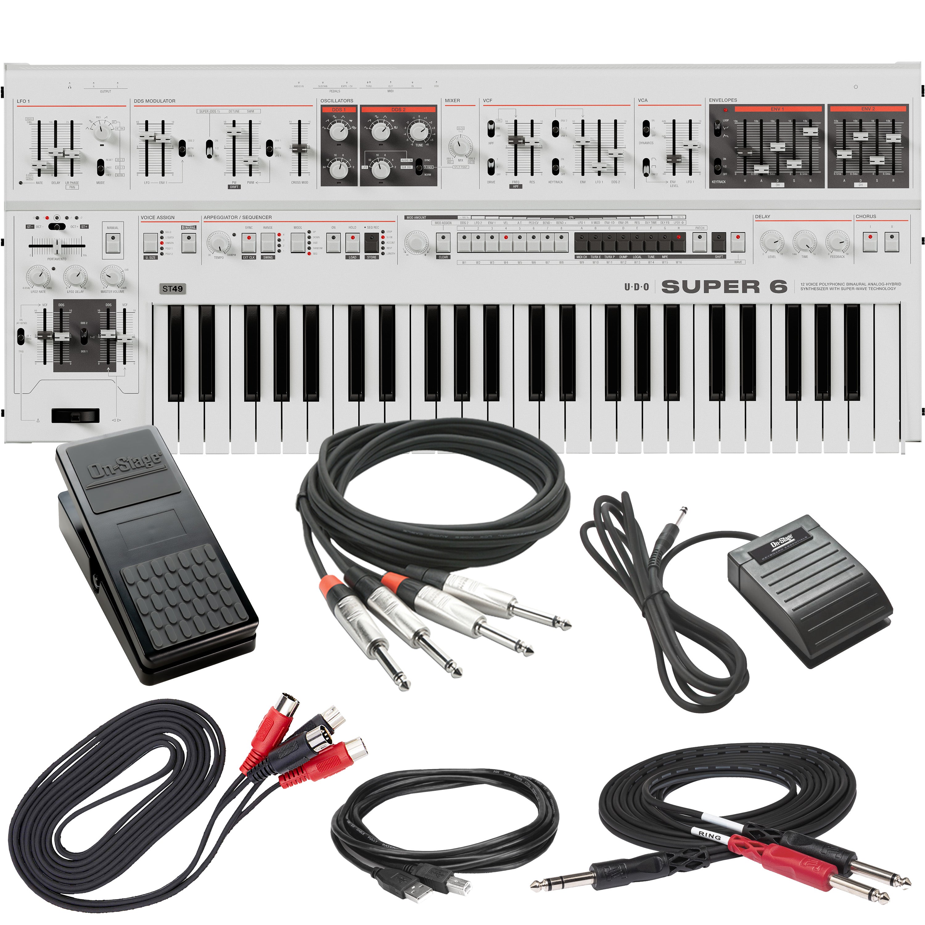 UDO Audio Super 6 ST49 12-Voice Keyboard Synthesizer - White CABLE KIT