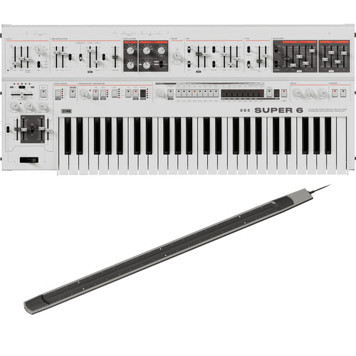 Collage showing components in UDO Audio Super 6 ST49 12-Voice Keyboard Synthesizer - White RIBBON KIT