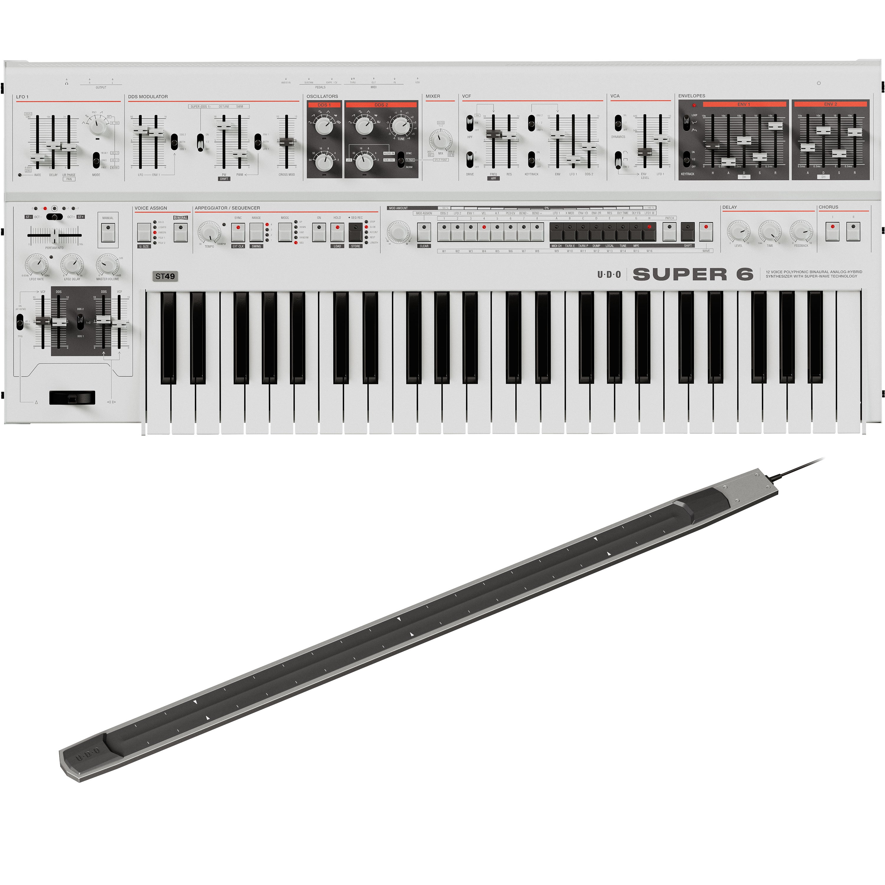 Collage showing components in UDO Audio Super 6 ST49 12-Voice Keyboard Synthesizer - White RIBBON KIT