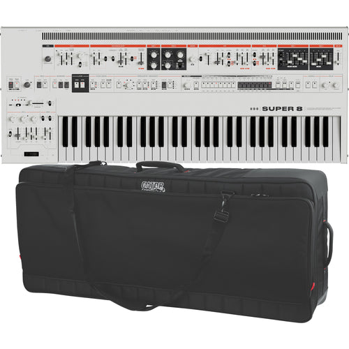 Collage showing components in UDO Audio Super 8 16-Voice Bi-Timbral Keyboard Synthesizer - White CARRY BAG KIT