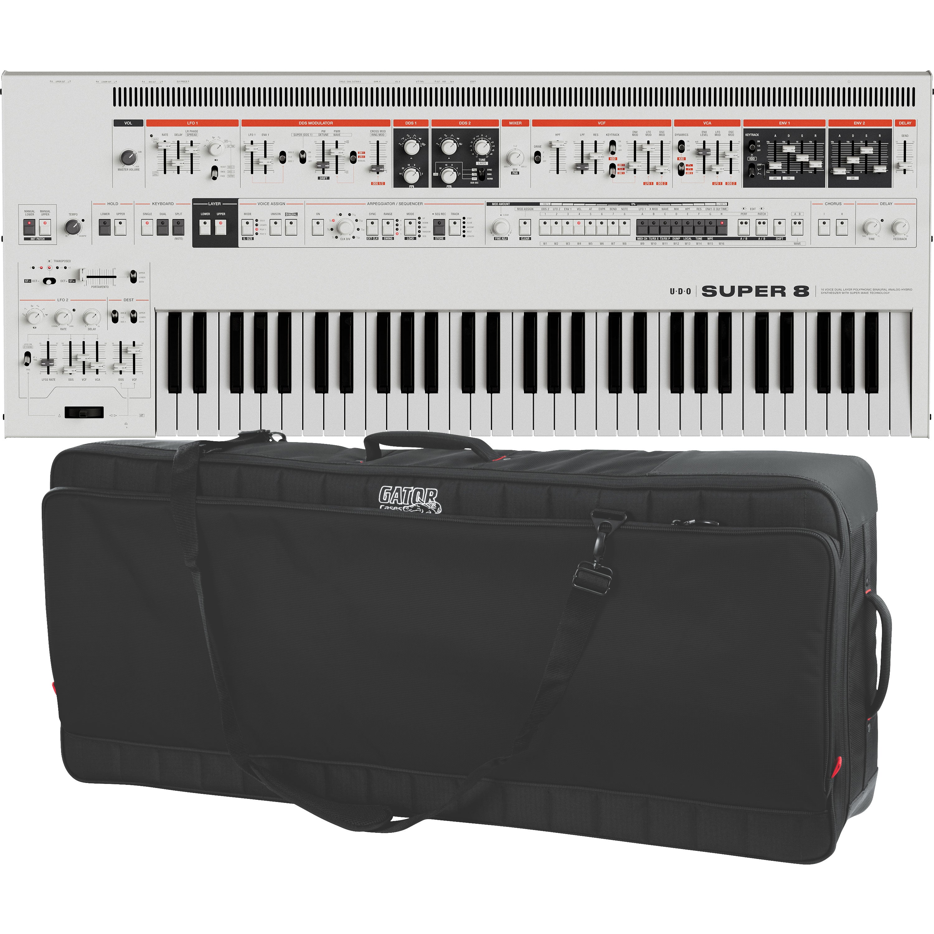 Collage showing components in UDO Audio Super 8 16-Voice Bi-Timbral Keyboard Synthesizer - White CARRY BAG KIT