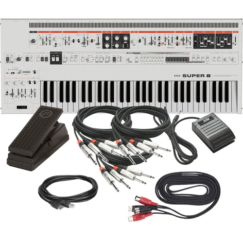 Collage showing components in UDO Audio Super 8 16-Voice Bi-Timbral Keyboard Synthesizer - White CABLE KIT