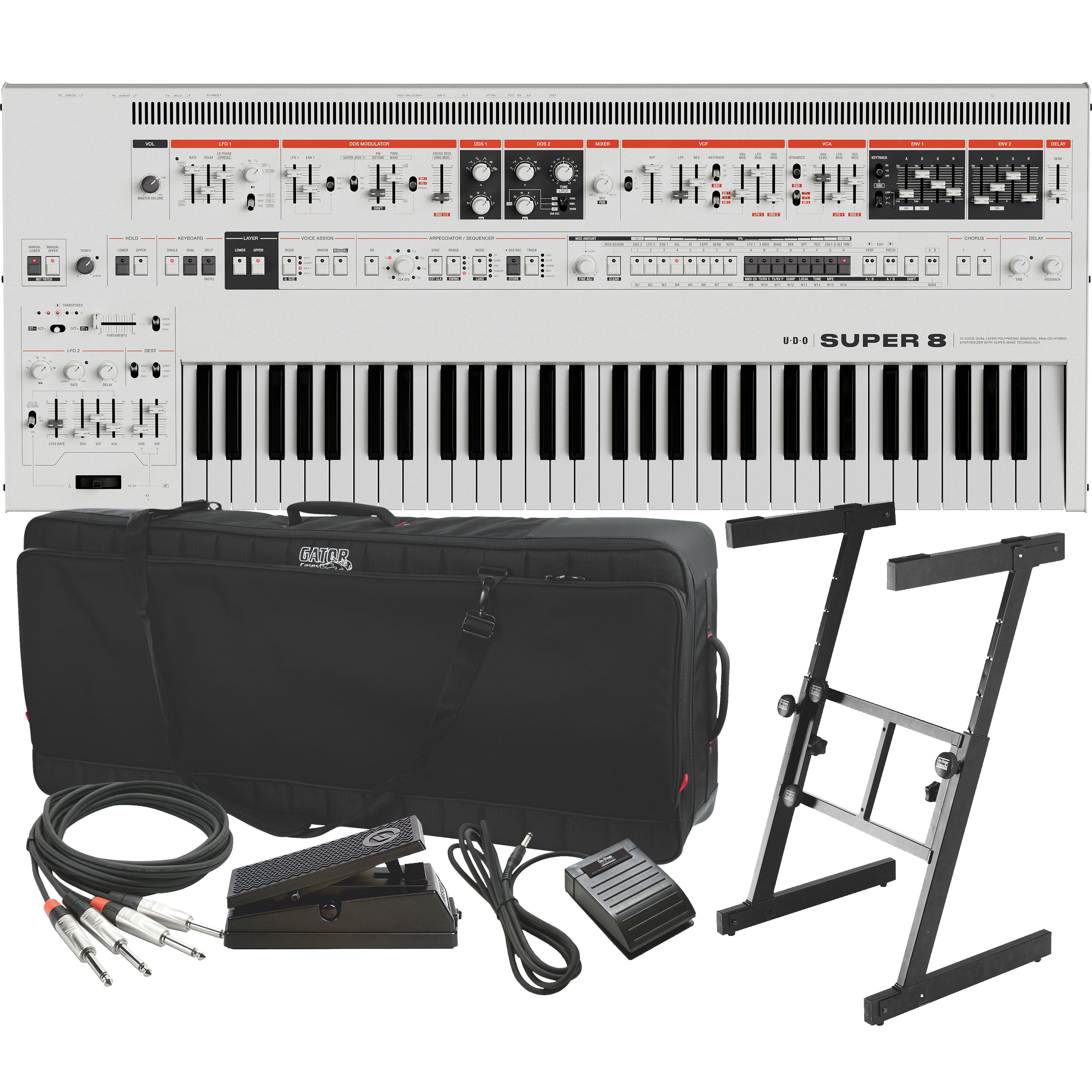 Collage showing components in UDO Audio Super 8 16-Voice Bi-Timbral Keyboard Synthesizer - White STAGE RIG