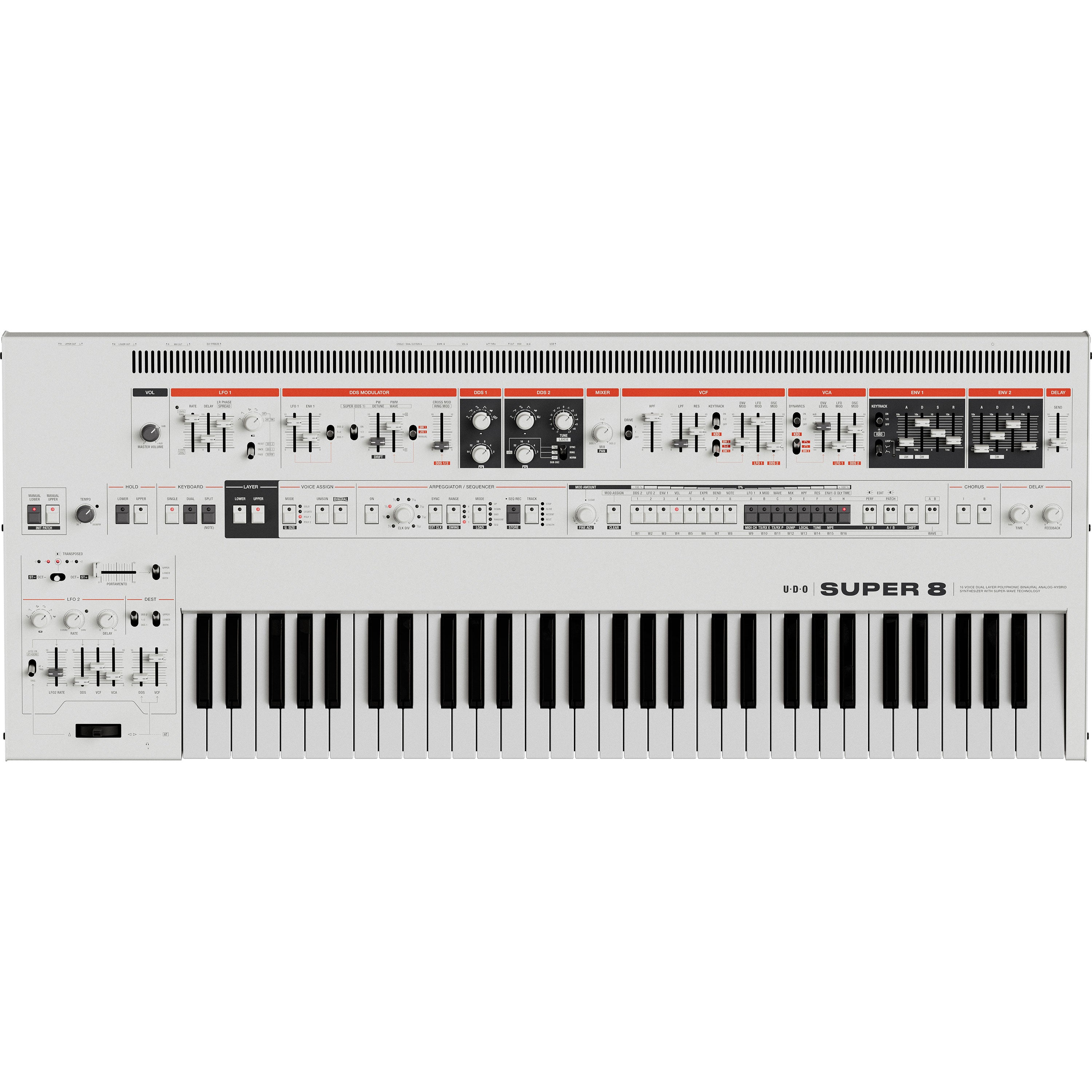 UDO Audio Super 8 16-Voice Bi-Timbral Keyboard Synthesizer - White View 1