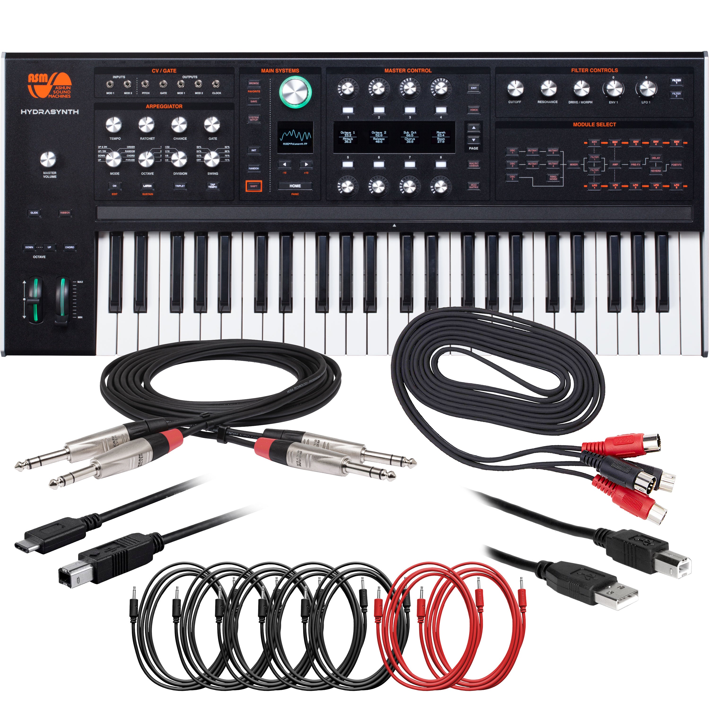 Bundle collage showing components in ASM Hydrasynth Keyboard Polyphonic Wavemorphing Synthesizer CABLE KIT bundle