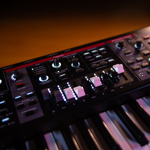 Close-up of a Roland V-Stage 88 Stage Keyboard in a studio
