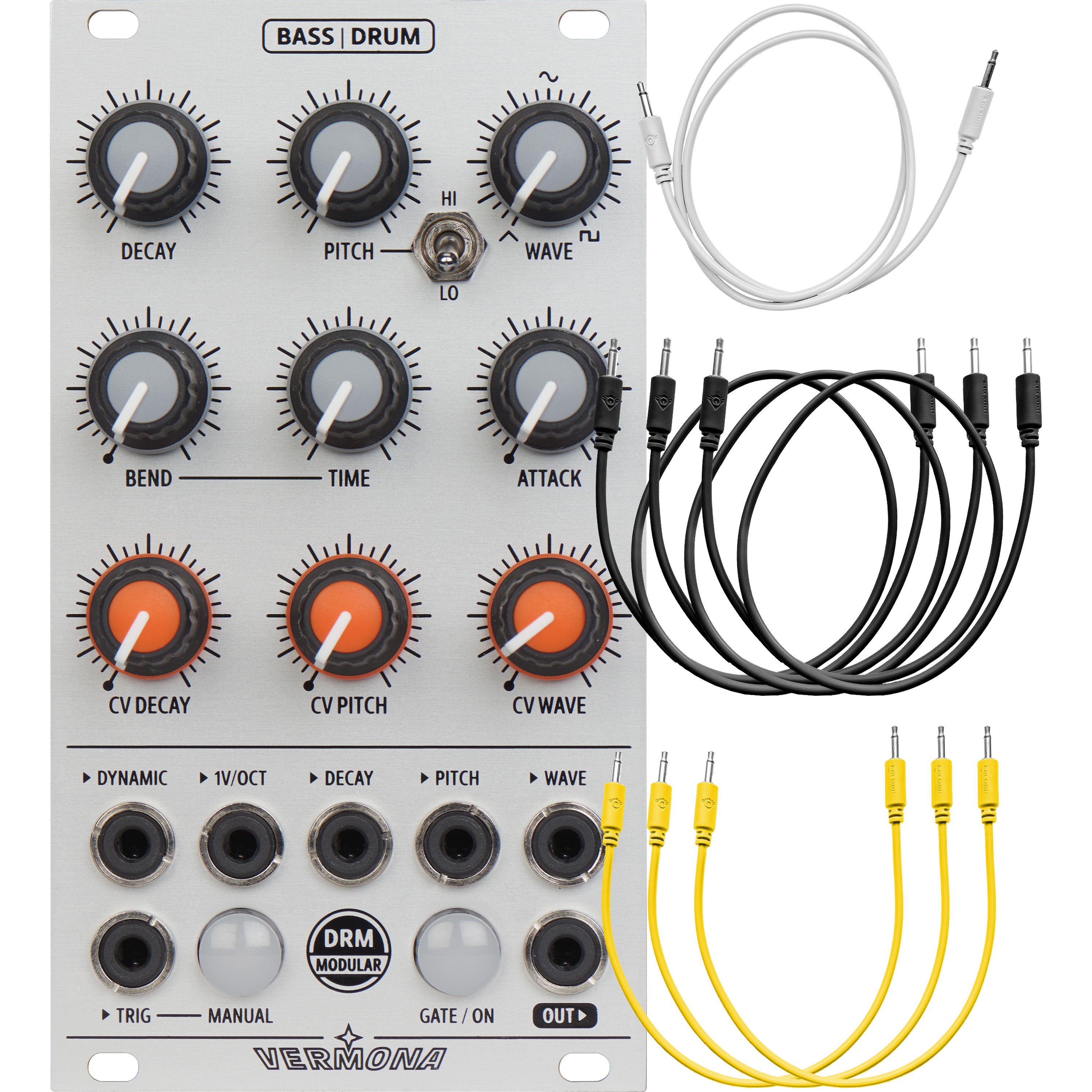 Collage showing components in Vermona BASS|DRUM Analog Bass and Drum Generator Eurorack Module CABLE KIT