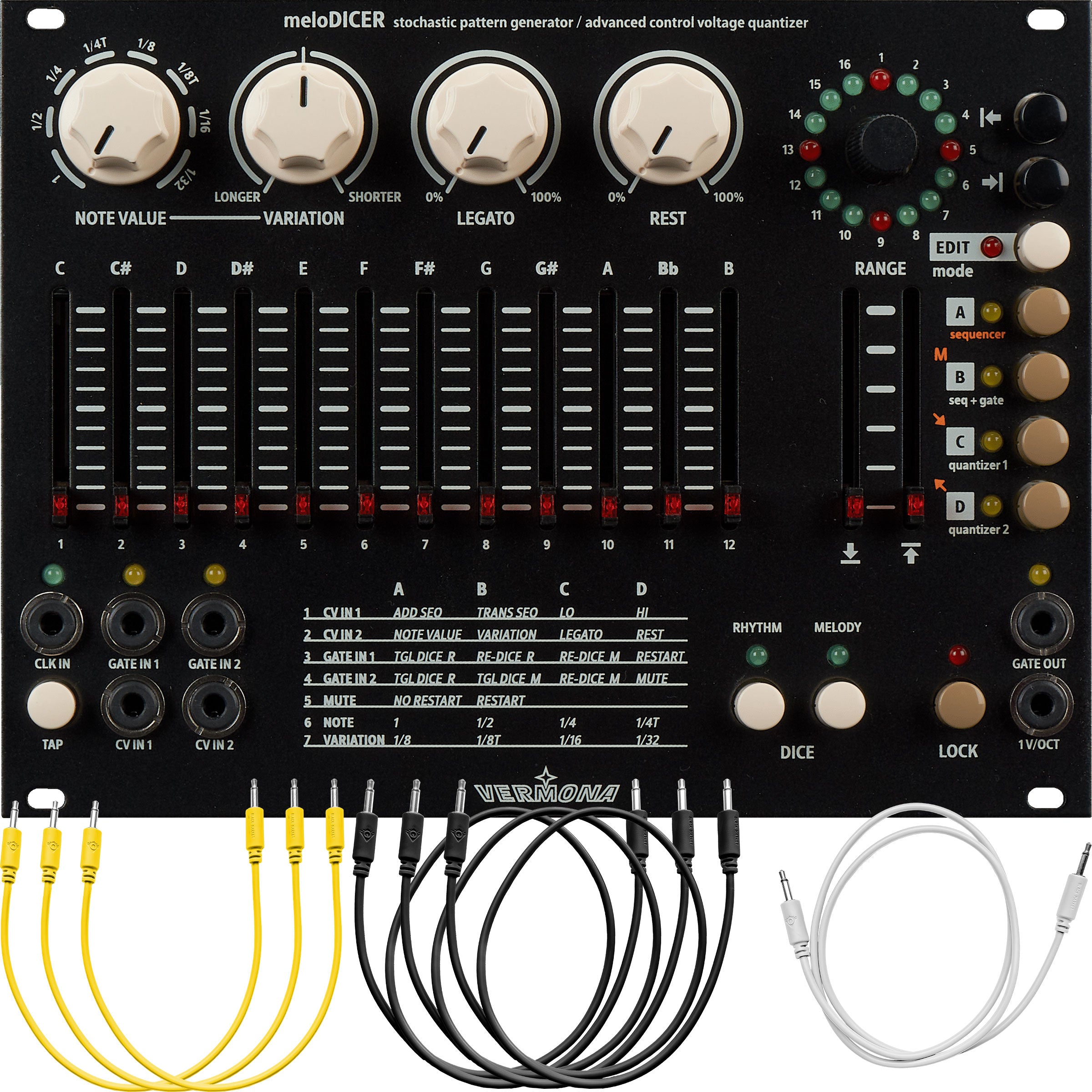 Collage showing components in Vermona meloDICER Stochastic Pattern Sequencer Eurorack Module CABLE KIT