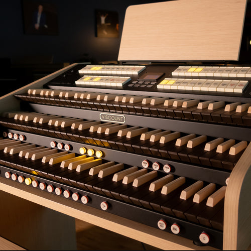 Close-up of a Viscount Cantorum Trio Plus Wood Keys 3 Manual Portable Organ