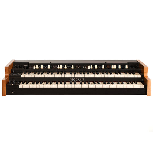 Front view of the Viscount Legend 261 dual-manual organ with two 61-note waterfall keyboards and solid wood ends