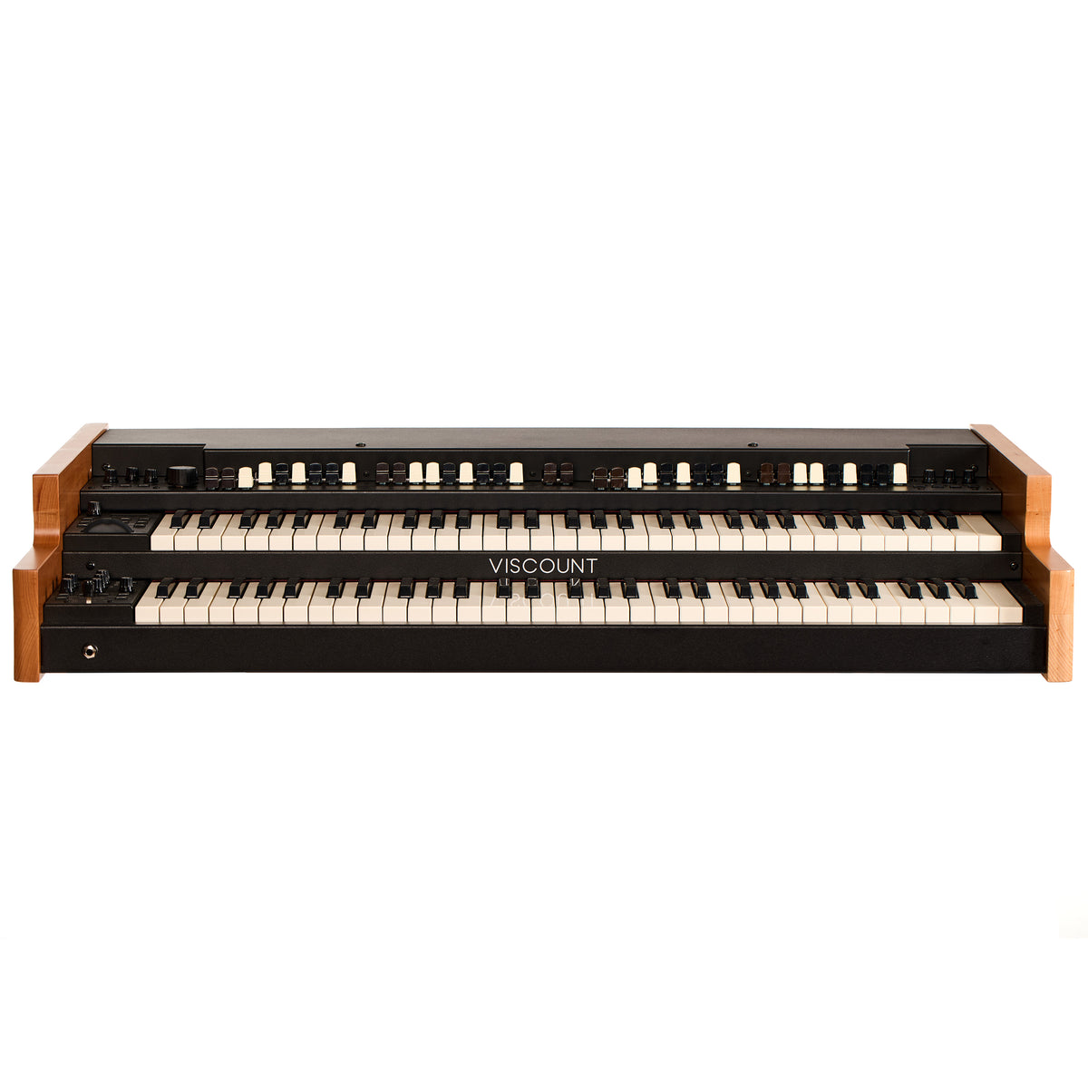 Front view of the Viscount Legend 261 dual-manual organ with two 61-note waterfall keyboards and solid wood ends
