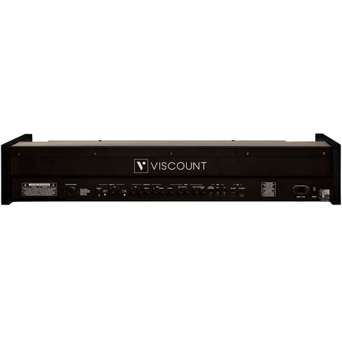 Rear panel of the Viscount Legend 261 in black, showing the rotary speaker connector, audio inputs and outputs, dedicated pedal and rotary outs, MIDI and pedalboard ports, USB, and mains inlet
