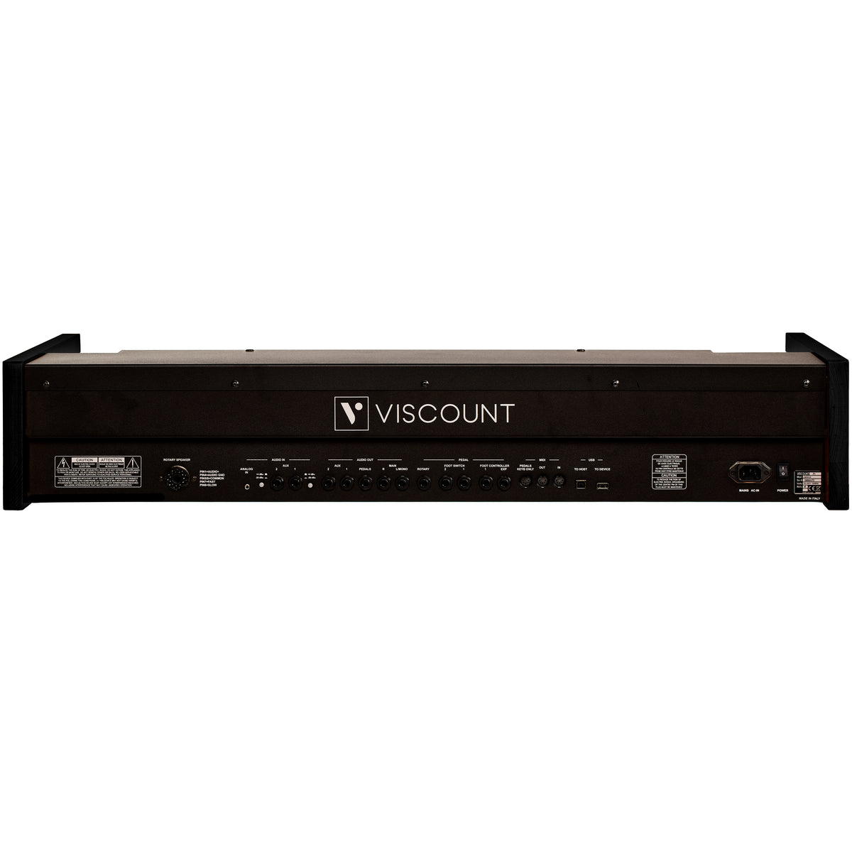 Rear panel of the Viscount Legend 261 in black, showing the rotary speaker connector, audio inputs and outputs, dedicated pedal and rotary outs, MIDI and pedalboard ports, USB, and mains inlet