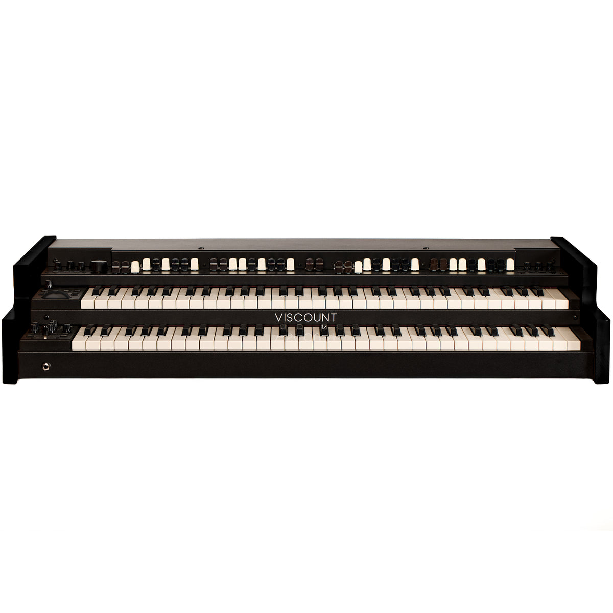 Front view of the Viscount Legend 261 dual-manual organ in black with two 61-note waterfall keyboards and solid wood ends