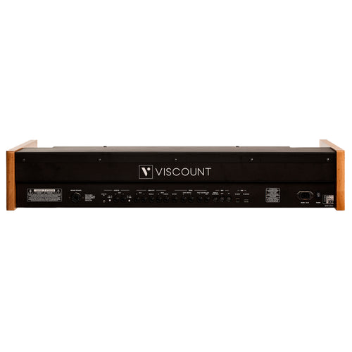 Rear panel of the Viscount Legend 261, showing the rotary speaker connector, audio inputs and outputs, dedicated pedal and rotary outs, MIDI and pedalboard ports, USB, and mains inlet