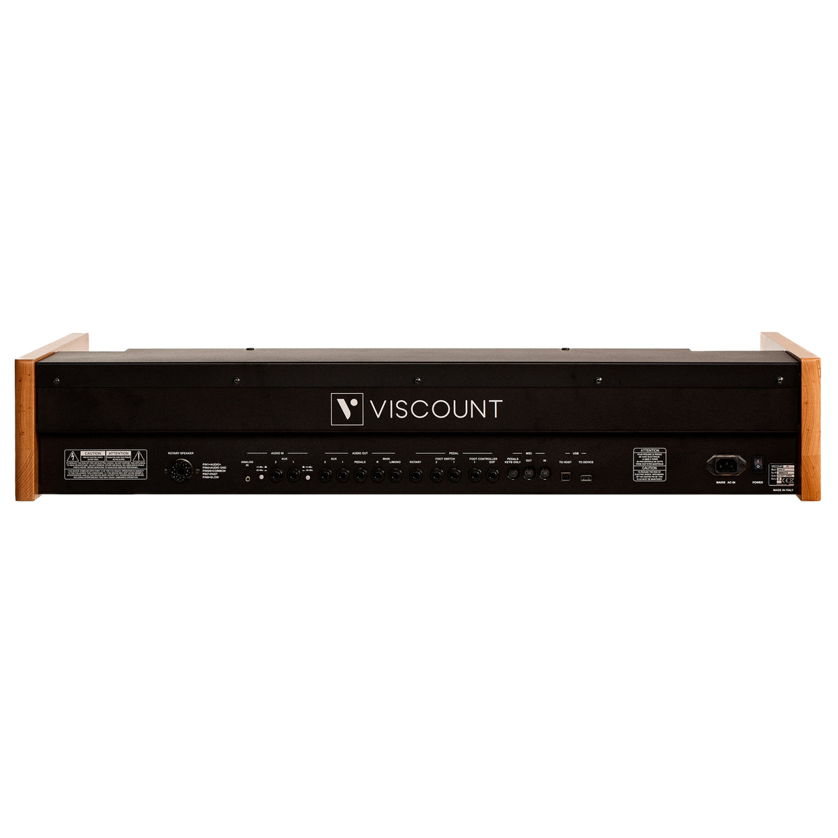 Rear panel of the Viscount Legend 261, showing the rotary speaker connector, audio inputs and outputs, dedicated pedal and rotary outs, MIDI and pedalboard ports, USB, and mains inlet