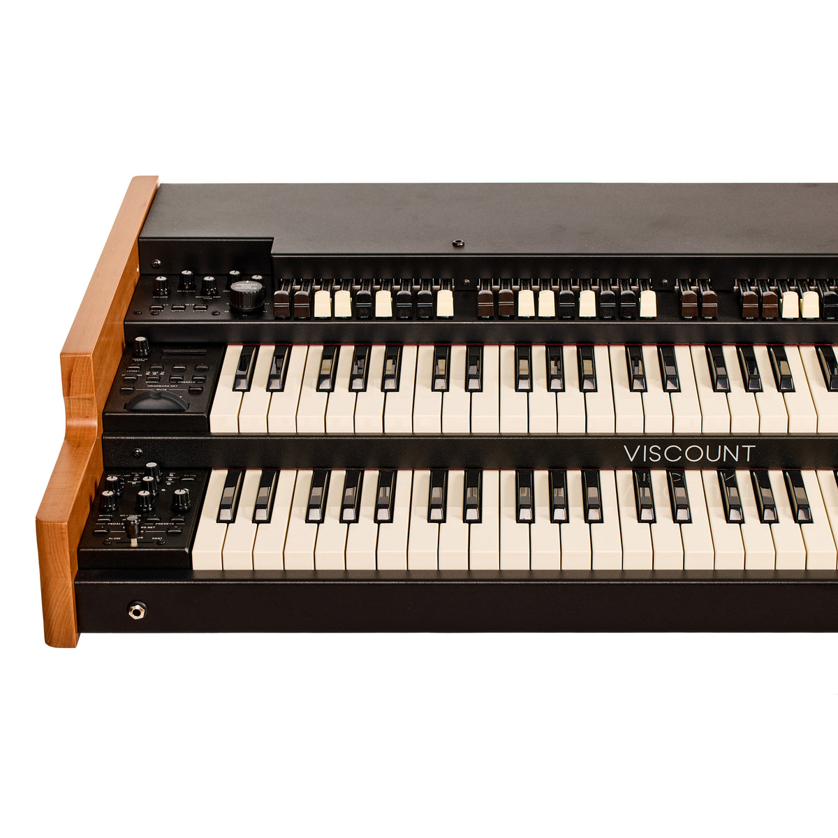 Angled view of the Viscount Legend 261 from the left, showing the upper control panel, drawbars, display and edit section, and both 61-note manuals