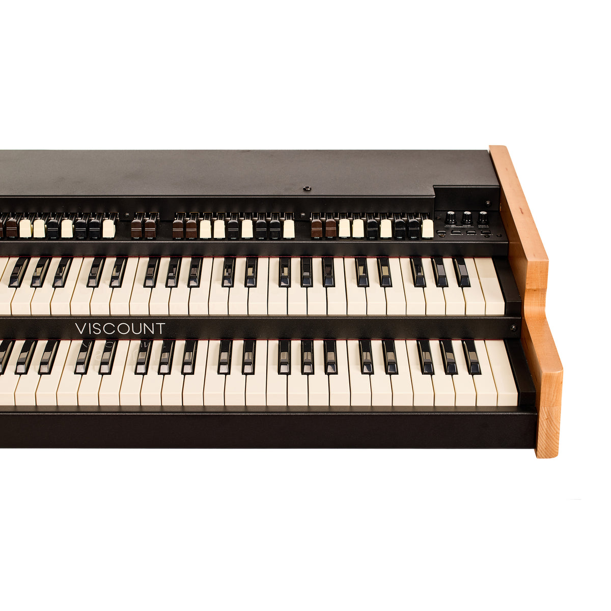 Angled close view of the Viscount Legend 261 from the right, showing the drawbars, percussion controls, and the stacked upper and lower keyboards